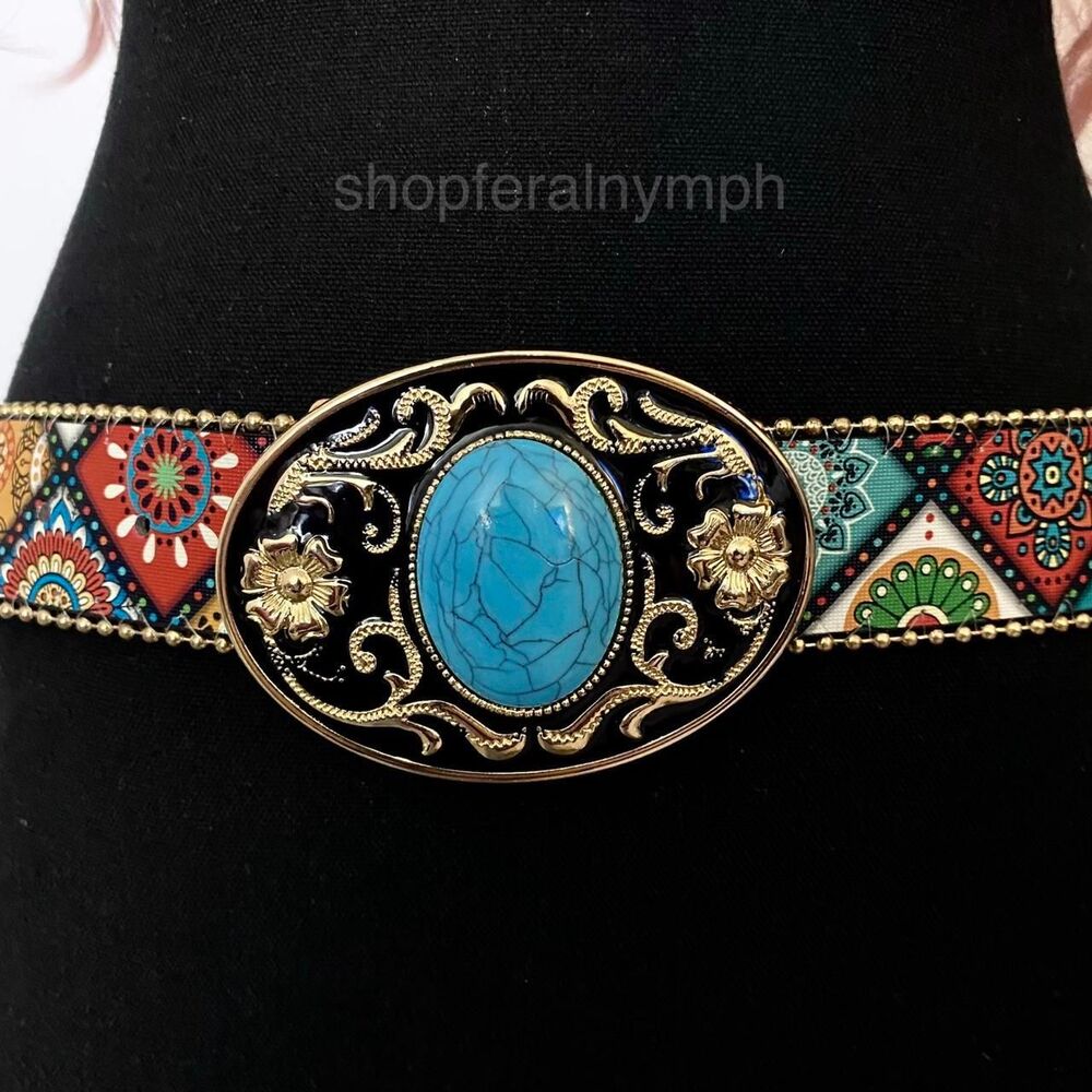 Boho Colorful Turquoise Buckle Western Y2K Belt, Fits 36.5-45 Inches, X7GA1289 - Picture 5 of 7